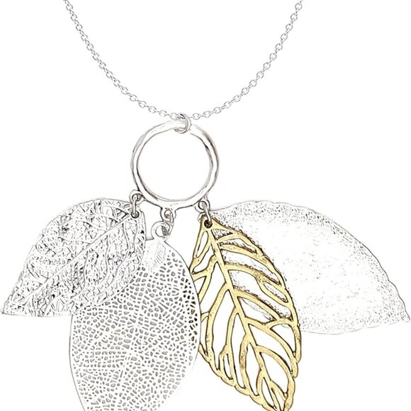 Jewelry - Gold Silver Two Tone Filigree Fall Leaf Pendant Long Necklace Chic Sweater Chain